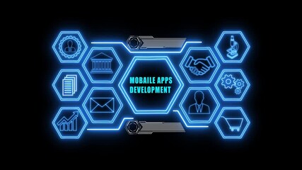 Abstract neon Hud knowledge ability business gear icon Glowing neon line concept. Glowing mobile apps development  button in German on a futuristic, abstract wave technology on black background.