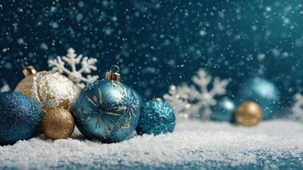 Wall Mural - blue christmas background with snowflakes and christmas balls copy space backgrounds