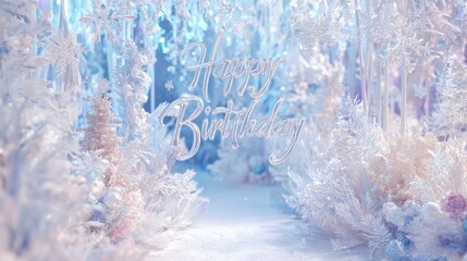 Wall Mural - a soft snowy winter wonderland birthday theme with delicate snowflakes and happy birthday in frosty lettering