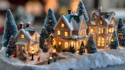 Wall Mural - charming christmas village scene with glowing house and snowcovered trees festive holiday decor