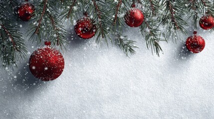 Wall Mural - festive backdrop featuring pine branches and red ornaments on a snowy surface
