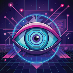 Futuristic ai powered digital eye with vibrant neon cyber design elements