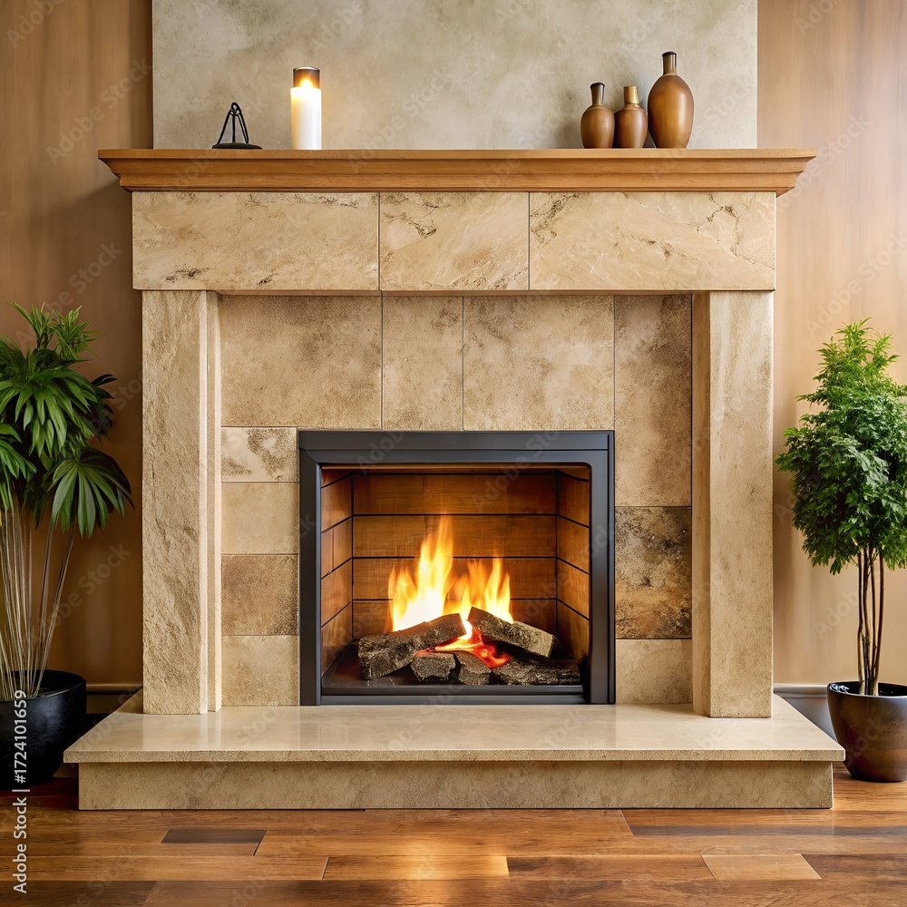 Warm and inviting fireplace with a natural stone surround, burning logs ...