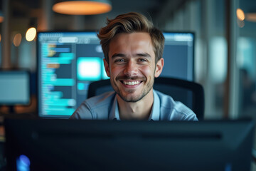 Young programmer smiling. IT employee. Developer portrait.