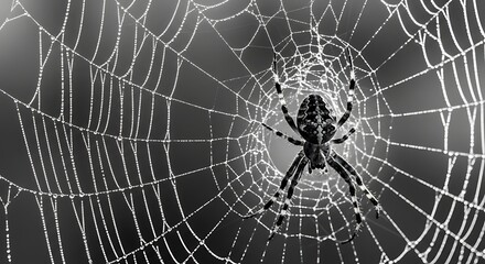 Spider web intricacies with a resident arachnid in monochrome elegance