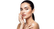 © Png stock - A beautiful woman with glowing skin touches her face gently, isolated on transparent background
