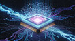© Amara Bandu - A glowing, futuristic central processor unit with intricate, radiating circuit lines and an explosion of digital data particles.