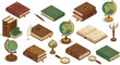 © markusmiller - Isometric books and globes collection with magnifying glasses and quill pens