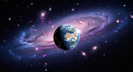 Wall Mural - Earth against a backdrop of spiral galaxy, showing continents and lights