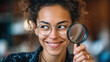 © dominic - Curly-haired young woman smiling while holding a magnifying glass close to her face in a cozy indoor environment filled with soft lighting and a casual vibe.