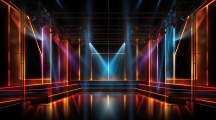 Wall Mural - Large, brightly lit stage with colorful lights and a spotlight. The stage is empty and the lights are on, creating a vibrant and energetic atmosphere