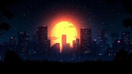 Wall Mural - City skyline with a large yellow sun in the sky. The sun is surrounded by clouds and the city is lit up at night