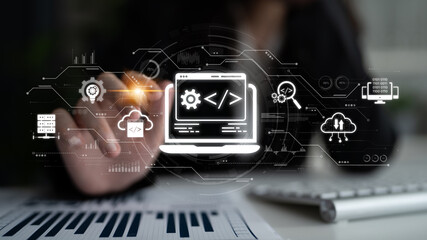 Modern web development concept featuring coding symbols, web development process, web development interface, and web development tools with futuristic design. Spline