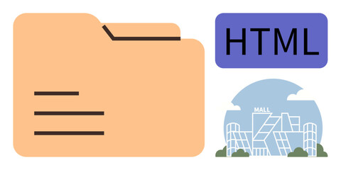 File folder with document lines, labeled HTML text, and contemporary mall structure as a geometric icon. Ideal for web development, e-commerce, file management, coding, data storage, architecture