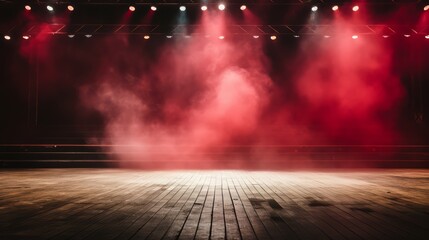 Wall Mural - Stage with red lights and smoke. Scene is dramatic and intense