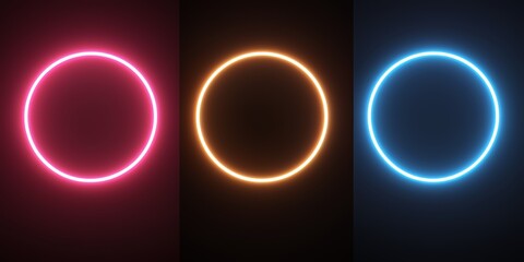 Wall Mural - three different colored circles with neon lights. the circles are red, orange, and blue. the circles