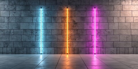 Wall Mural - Three neon lights are lit up against a brick wall. The lights are in different colors, with one being orange, one being pink, and one being blue. The wall is made of concrete blocks