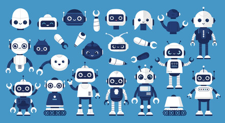 Collection of cute robot illustrations in flat style.