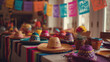 © dominic - Colorful sombreros arranged on a festive table with vibrant decorations, flowers, and papel picado hanging in a cheerful celebration setting indoors.