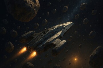 Wall Mural - Futuristic spaceship navigating asteroid field.