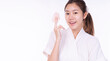 © kaew6566 - Beauty Asian young woman wear bathrobe holding cotton pad in hands after using cleanser remove makeup own face over white background. Cosmetology, hygiene, removal, spa, freshness skin care concept.