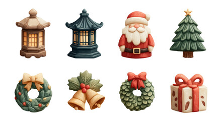 Wall Mural - Charming Christmas Icons with Santa, Trees, and Decorative Ornaments