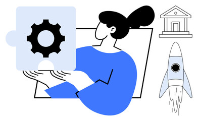 Wall Mural - Woman holding a gear-shaped puzzle piece with a rocket and bank icon nearby. Ideal for innovation, teamwork, problem-solving, technology, business strategy, finance, startup concept. Simple flat