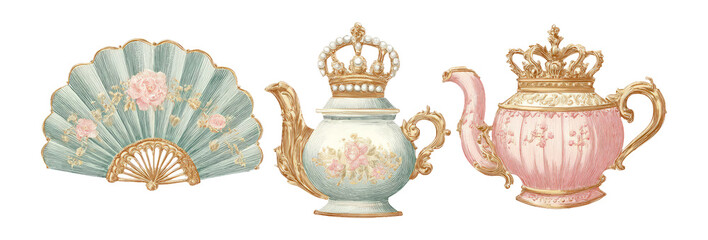 Vintage Royal Teapots and Fan with Floral Design on Transparent Background
