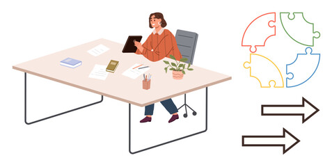Woman seated at desk analyzing papers with a tablet, next to four puzzle pieces and two arrows. Ideal for teamwork, organization, problem-solving, decision-making, strategy, workflow, planning