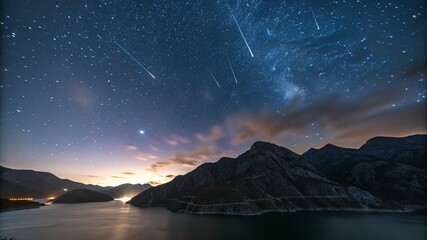 Wall Mural - This AI-generated image captures a meteor shower over a stunning mountain and lake landscape at night.