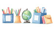 © VICHIZH - Colorful classroom scene featuring pencils, pens, rulers, a globe, notebooks, and folders arranged on a desk, creating a bright educational still life perfect for learning, creativity, and engaging