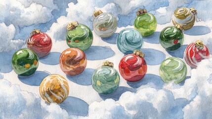 Wall Mural - Colorful Christmas Ornaments Floating Among Fluffy White Clouds