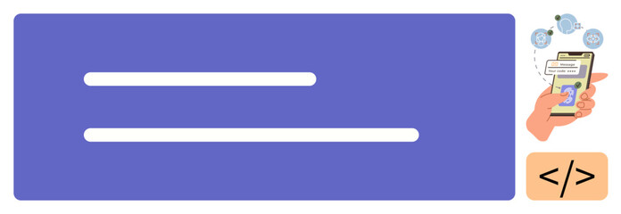 Hand holding smartphone displaying app notifications surrounded by coding symbols and communication icons. Ideal for technology, app design, UIUX, programming, communication, messaging