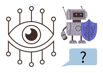 Wall Mural - Robot alongside a cybersecurity shield, stylized digital eye with circuits, and speech bubble with question mark. Ideal for AI, machine learning, cybersecurity, vision, communication, technology