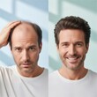 © Margarita Ratatosk - Man comparing his bald head problem with successful hair transplant result. Hair loss treatment concept for healthcare industry.