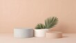 © Here you are! - Minimalist composition with three modern cylindrical podiums in gray, white, and terracotta colors, decorated with green palm leaves on pastel background for product display
