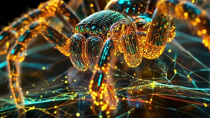 Futuristic spider with glowing web, a digital art concept.