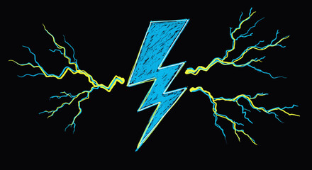 electric storm illustration with blue lightning bolt on black background