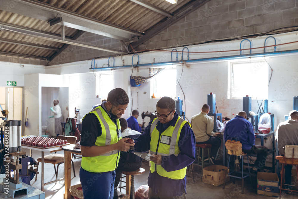 African American male workers inspecting component and noting details ...