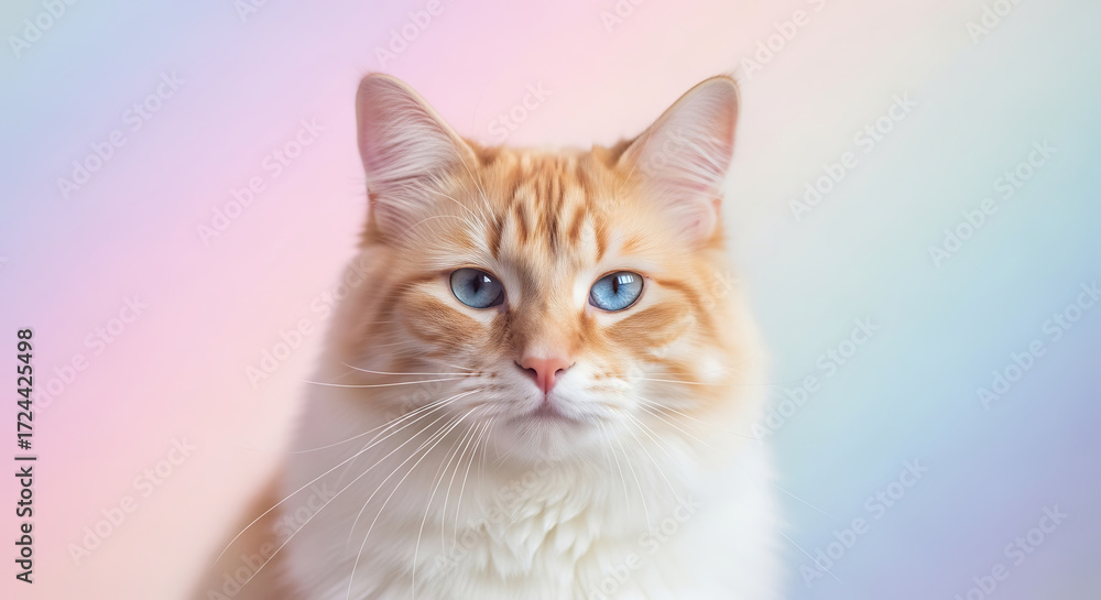 Close-up portrait of a beautiful ginger and white cat with striking blue eyes, against a pastel colored background.