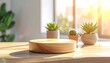 © Aura - A sunlit, wooden product stand on a wooden surface with three potted plants behind it. Soft, natural light streams through the background window