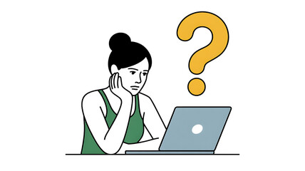 Mysterious hacker figure pondering over laptop screen with question mark symbol isolated on transparent background