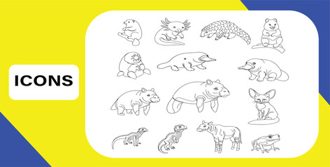  Collection of Cartoon Animal Icons Featuring Endangered Species and Unique Fauna Outlines for Educational and Design Purposes