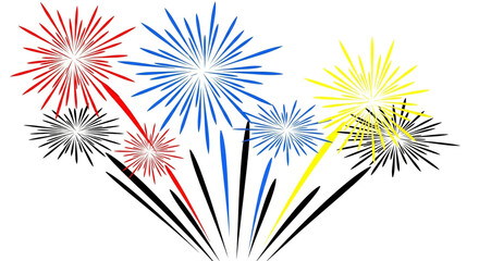 Colorful fireworks exploding in the night sky, isolated on white background a vibrant display of celebration and joy with red, blue, yellow, and black sparks