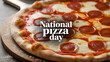 © vibsensie - A freshly baked pepperoni pizza on a wooden board with 'National Pizza Day' text overlay