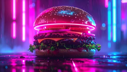 Wall Mural - 3d illustration of fast food cheeseburger with sesame seed bun and lettuce placed on abstract backgr