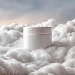 Wall Mural - Minimal White Cosmetic Jar on Blank White Scene with Soft Clouds