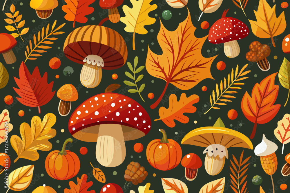 Fall Forest Pattern Seamless autumn forest pattern vector illustration with mushrooms ...