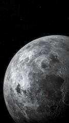 Wall Mural - Dramatic close-up of the moon's surface shows craters, textures, and contrasts with a dark star-filled space background