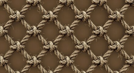 Closeup view of a thick, woven rope net with intricate knots against a textured brown background